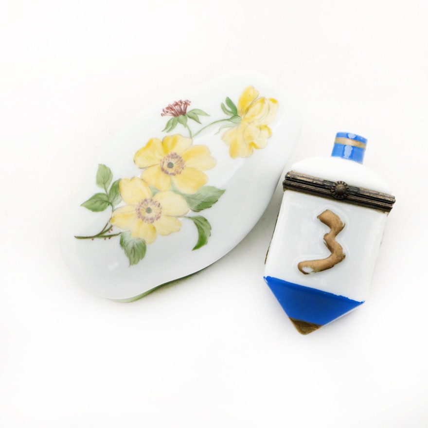 Hand-Painted Porcelain Trinket Boxes Including Dreidel Box