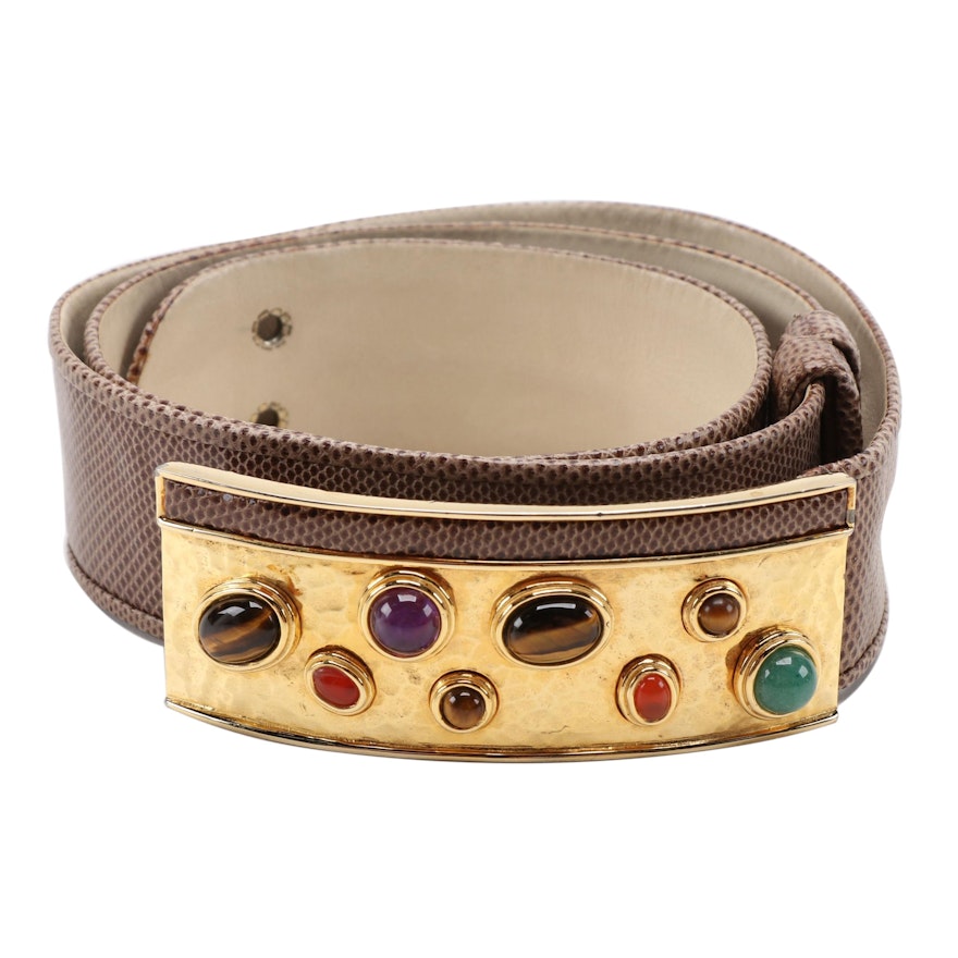 Judith Leiber Gemstone Buckle and Karung Snakeskin Belt