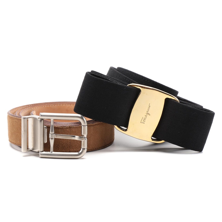 Salvatore Ferragamo Vara Bow Black Grosgrain Belt and Tan Suede Belt