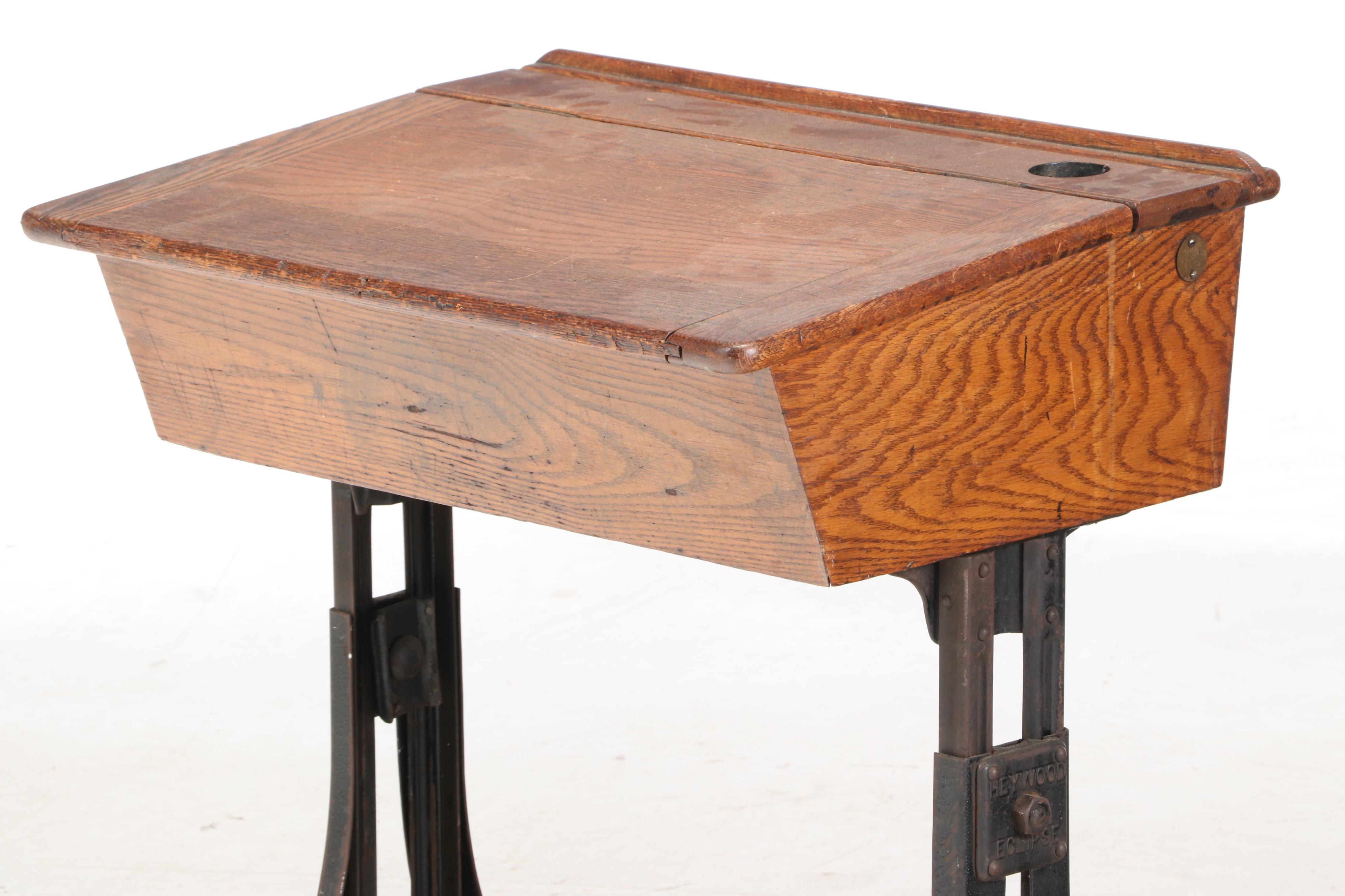 Heywood "Eclipse" Oak & Iron Lift-Lid School Desk, Late 19th/Early 20th Century