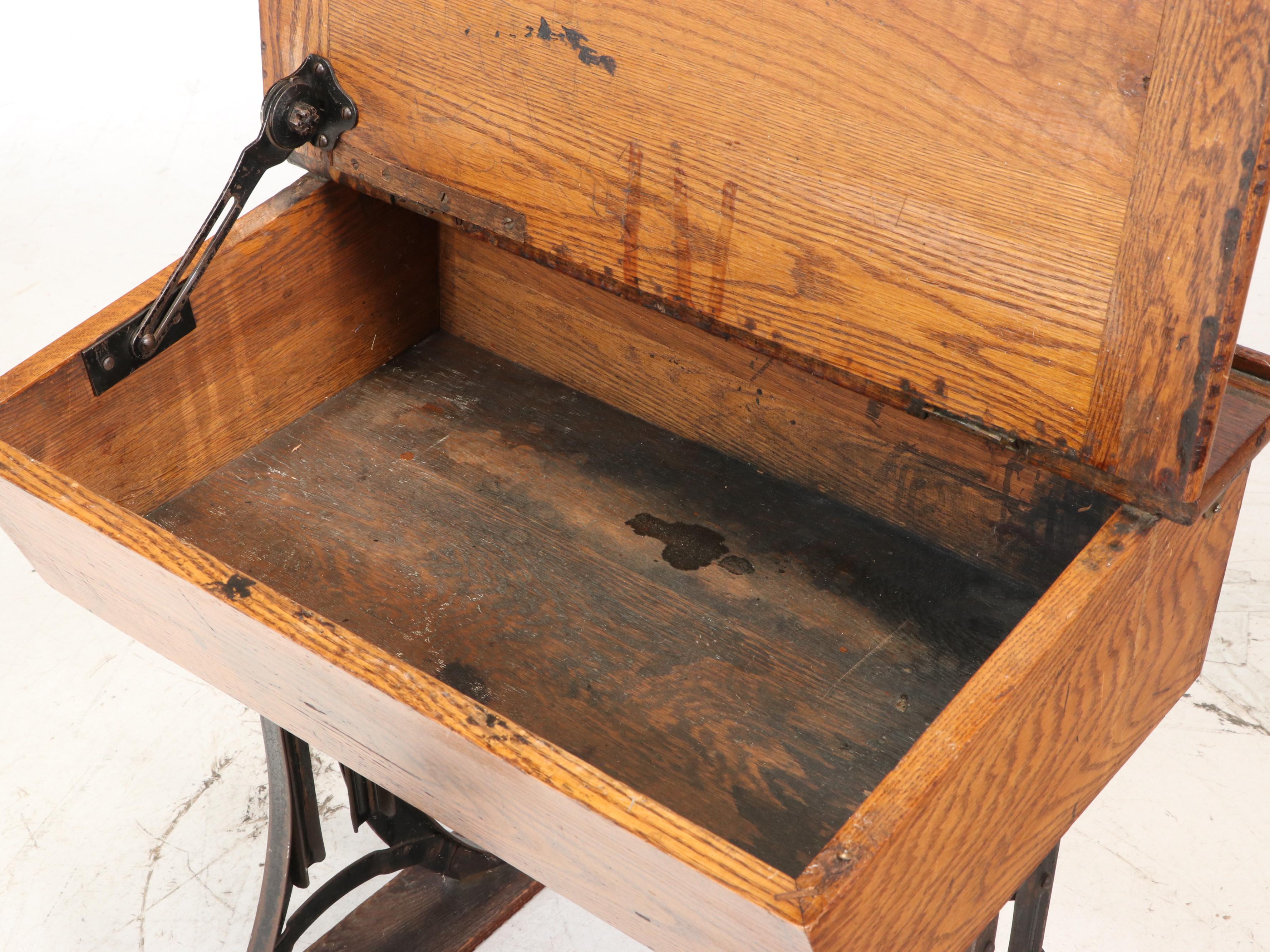 Heywood "Eclipse" Oak & Iron Lift-Lid School Desk, Late 19th/Early 20th Century