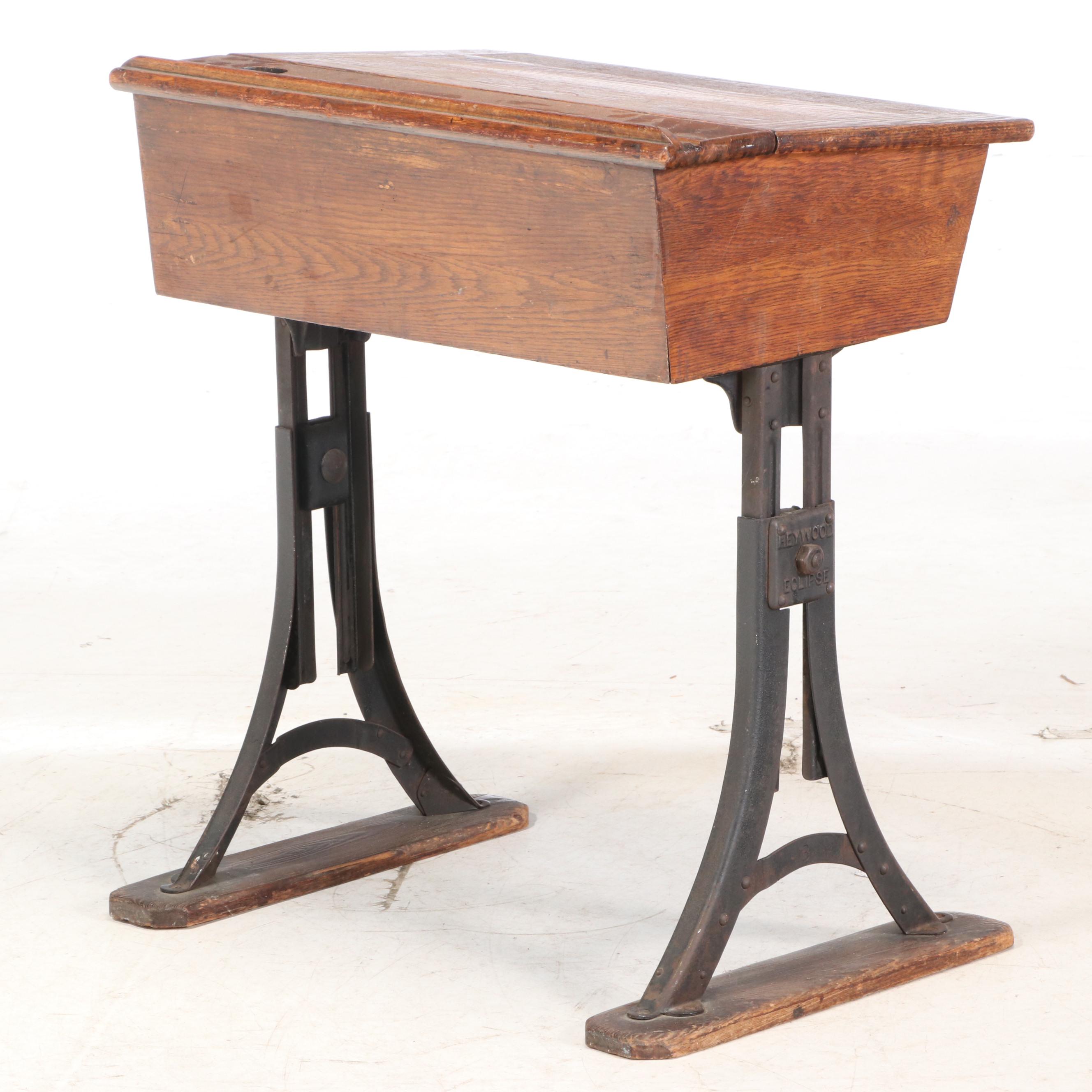 Heywood "Eclipse" Oak & Iron Lift-Lid School Desk, Late 19th/Early 20th Century