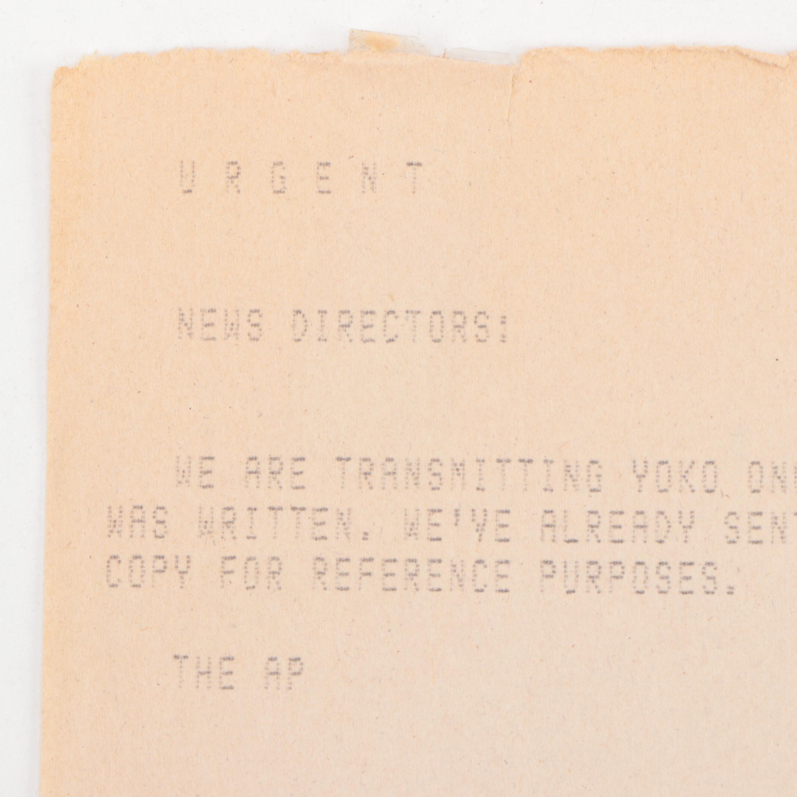 Yoko Ono Teletype to the Associated Press on John Lennon's Death