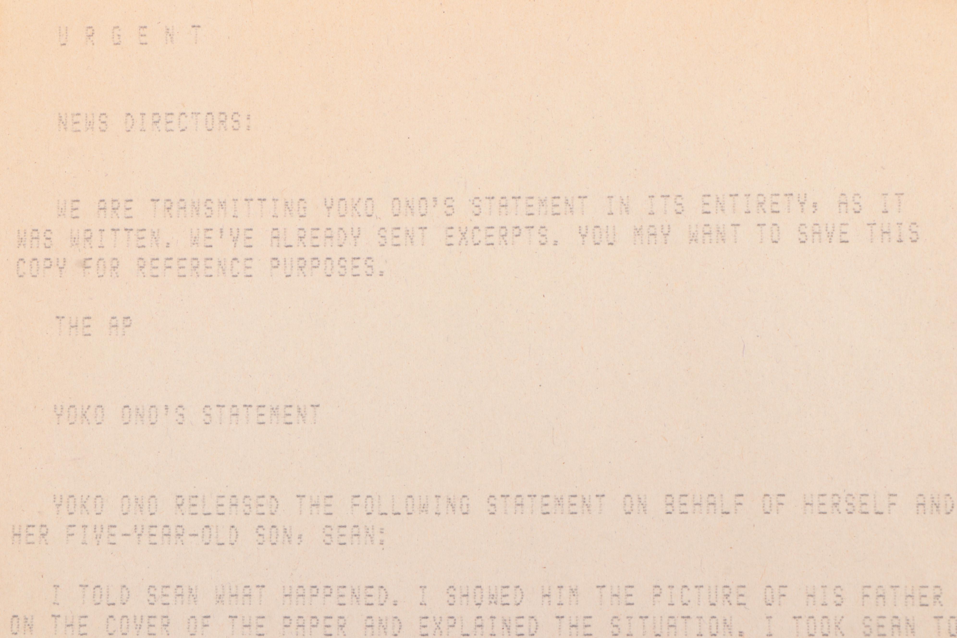 Yoko Ono Teletype to the Associated Press on John Lennon's Death