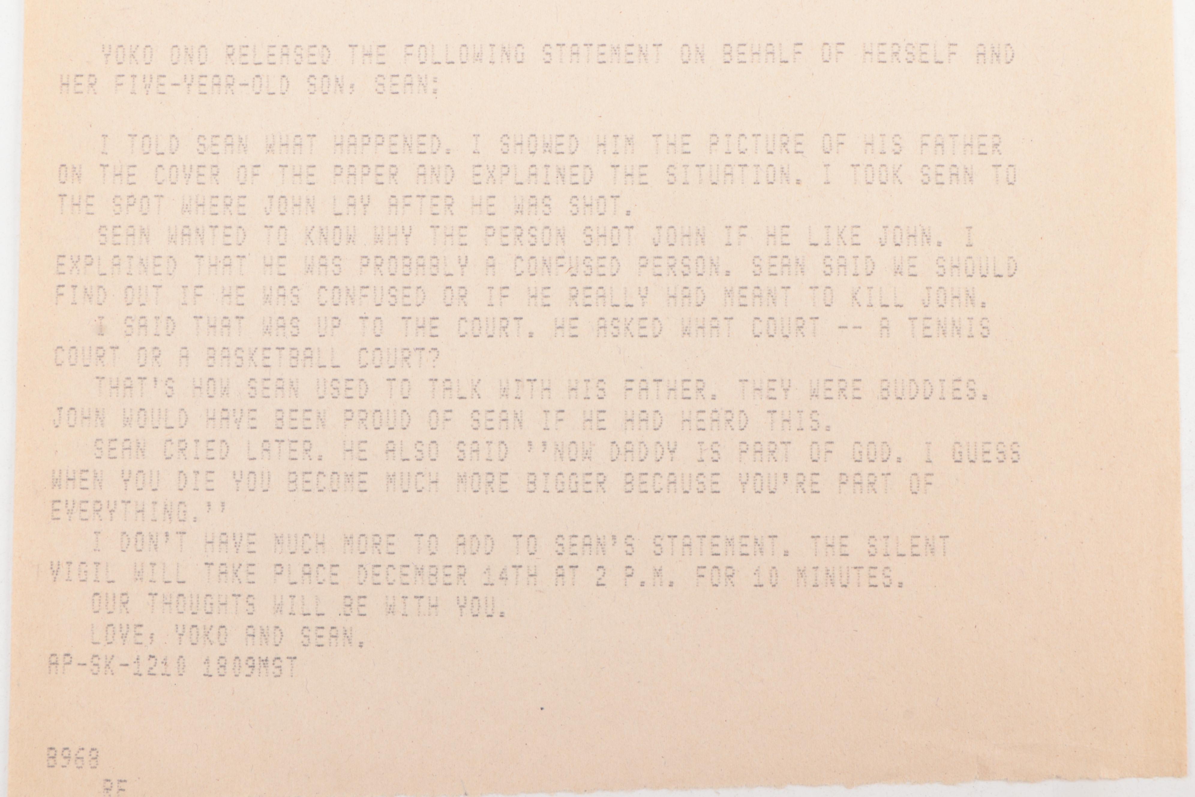 Yoko Ono Teletype to the Associated Press on John Lennon's Death