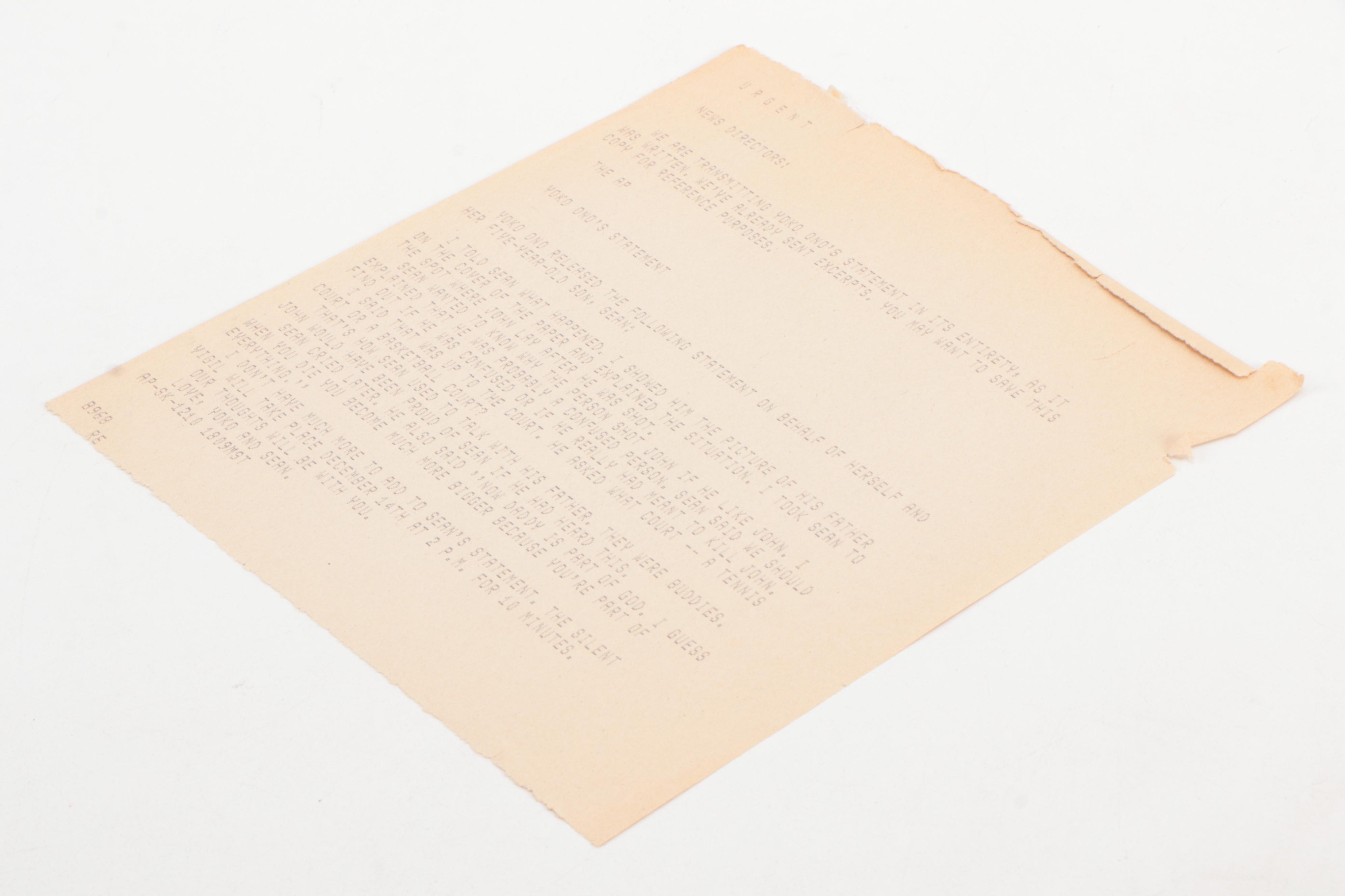 Yoko Ono Teletype to the Associated Press on John Lennon's Death