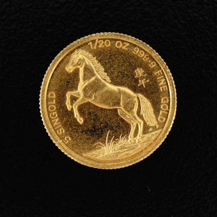1990 5-Singold 1/20th Oz. Gold Bullion Horse Coin, Singapore