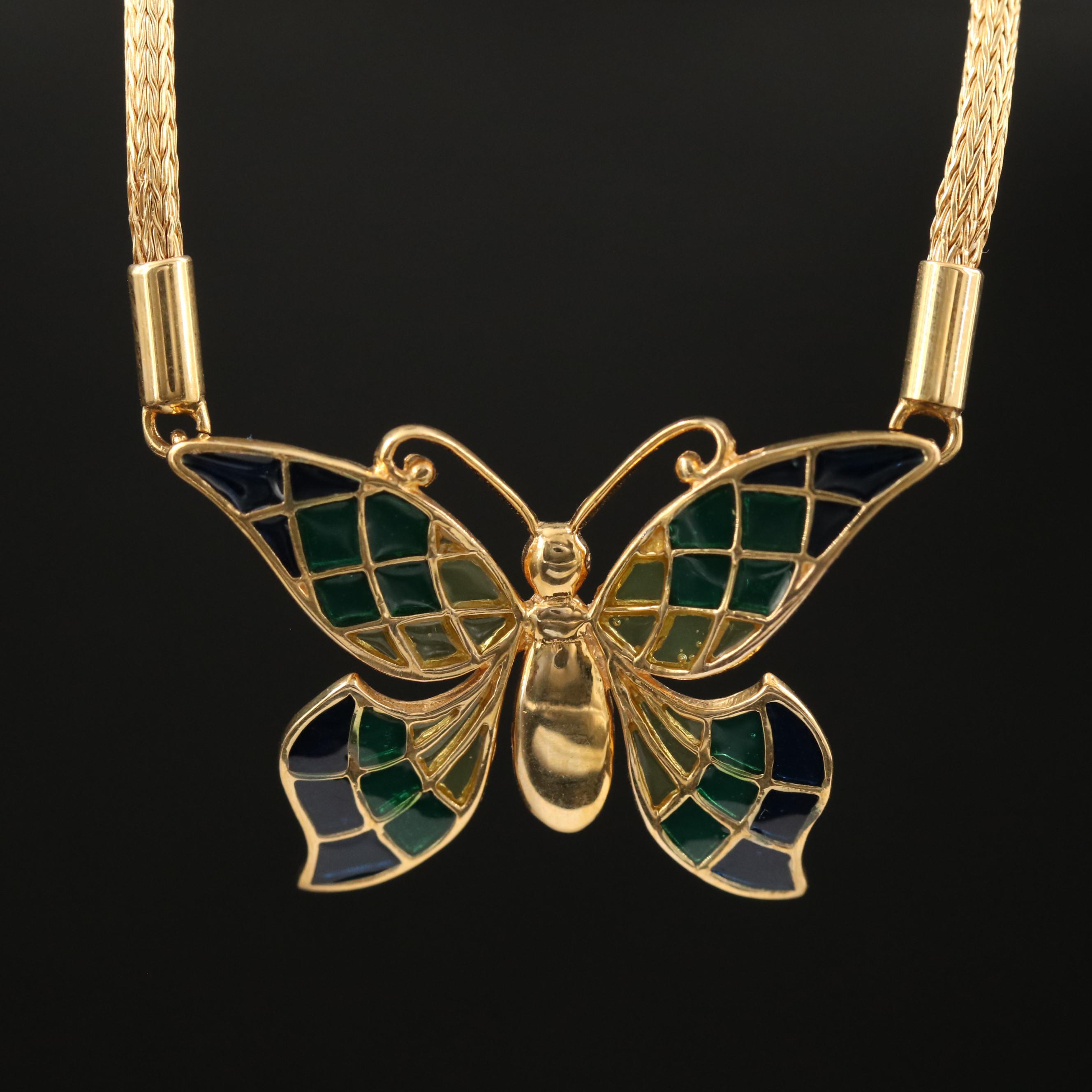 14K Plique a Jour Enamel Butterfly Necklace