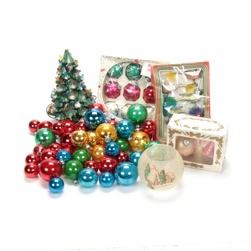 Ceramic Tabletop Christmas Tree with "Shiny Brite", "Krebs" and Other Ornaments