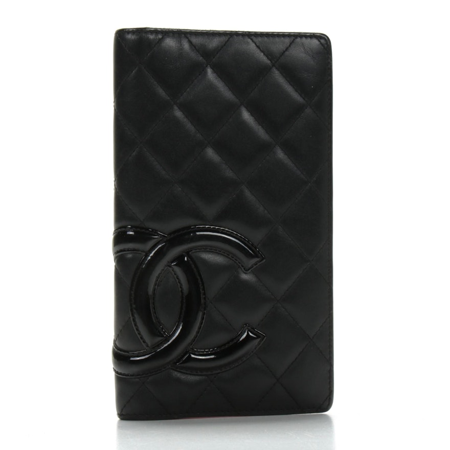 Chanel Cambon Lambskin Long Bi Fold Black and Hot Pink Wallet