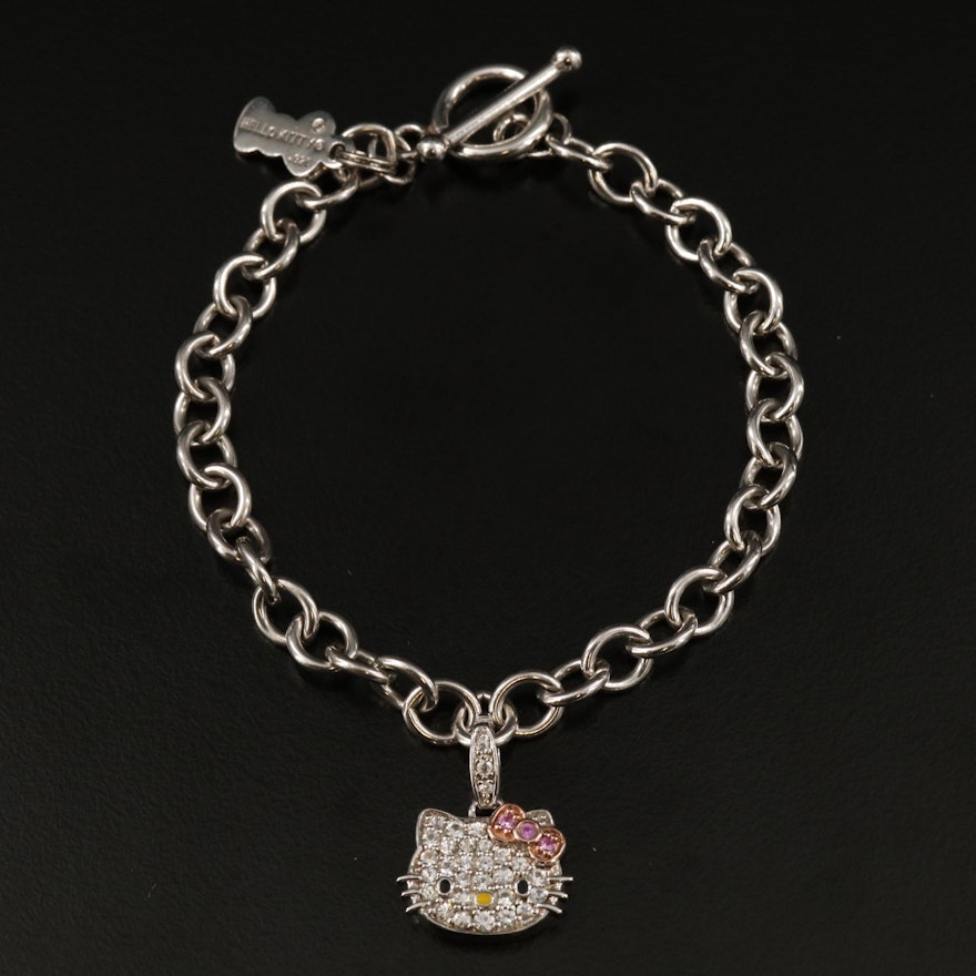 Hello Kitty Sterling Silver Pink and White Sapphire Charm Bracelet