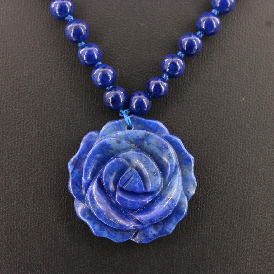 Carved Lapis Lazuli Flower Pendant with Bead Necklace and Sterling Clasp