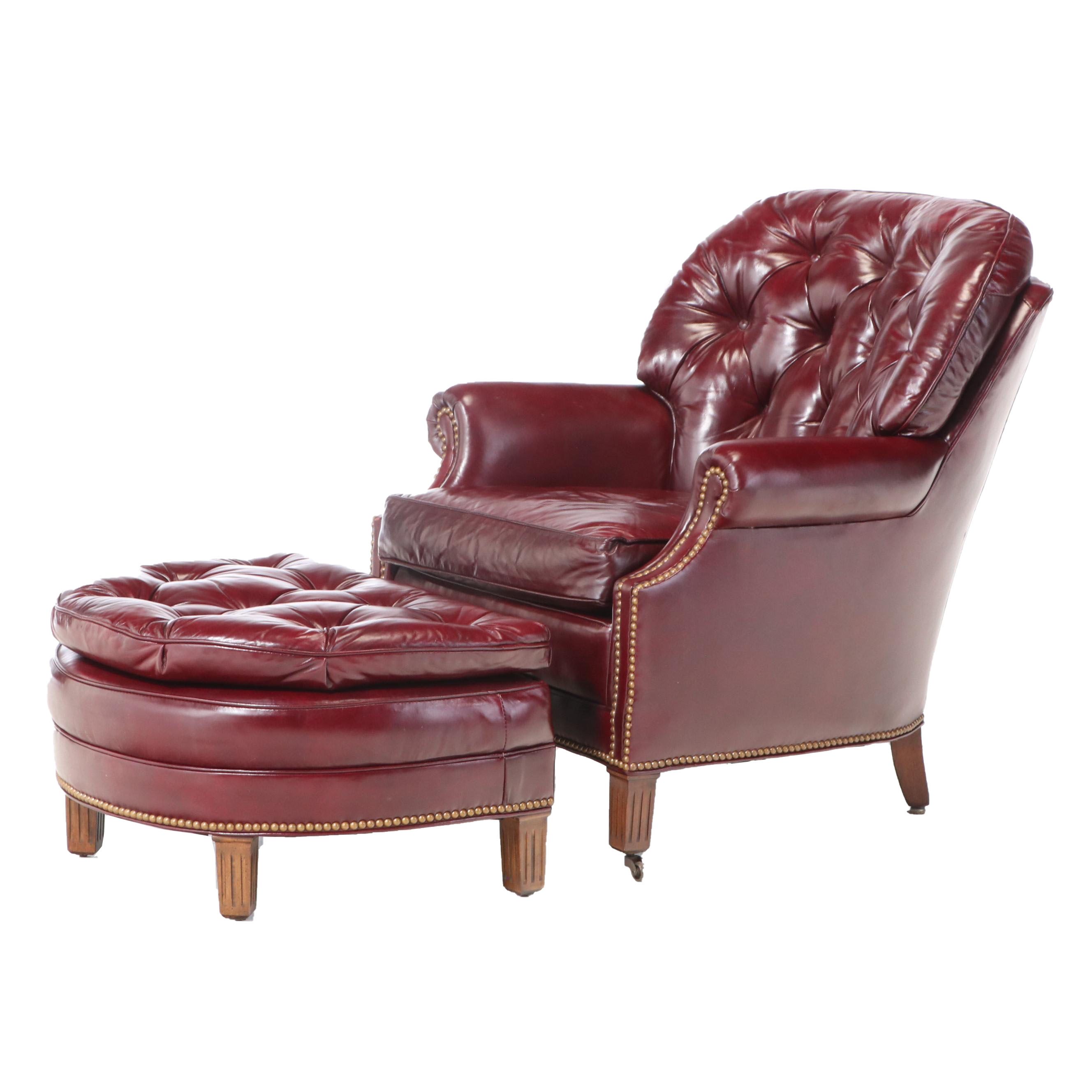 Hancock & Moore Button-Tufted and Brass-Tacked Leather Club Chair and Ottoman
