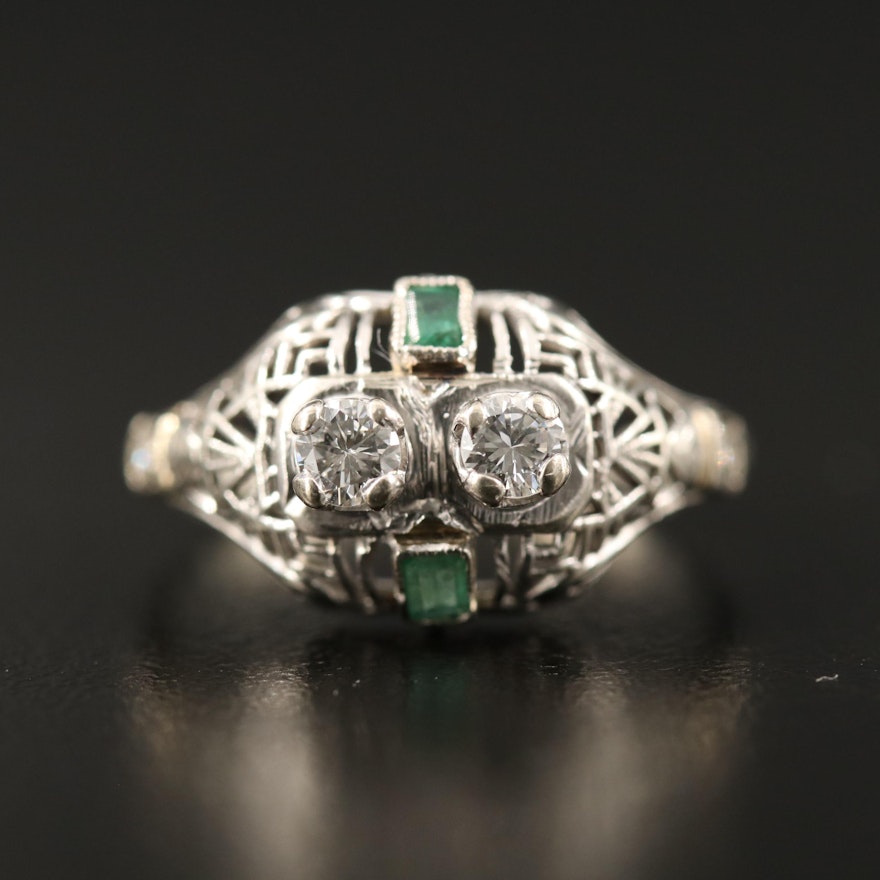 Art Deco 18K Diamond and Emerald Openwork Ring