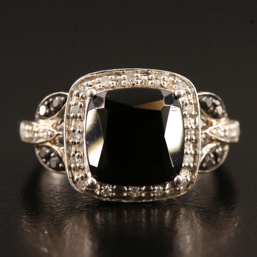Sterling Black Onyx and Diamond Ring with Foliate Detail