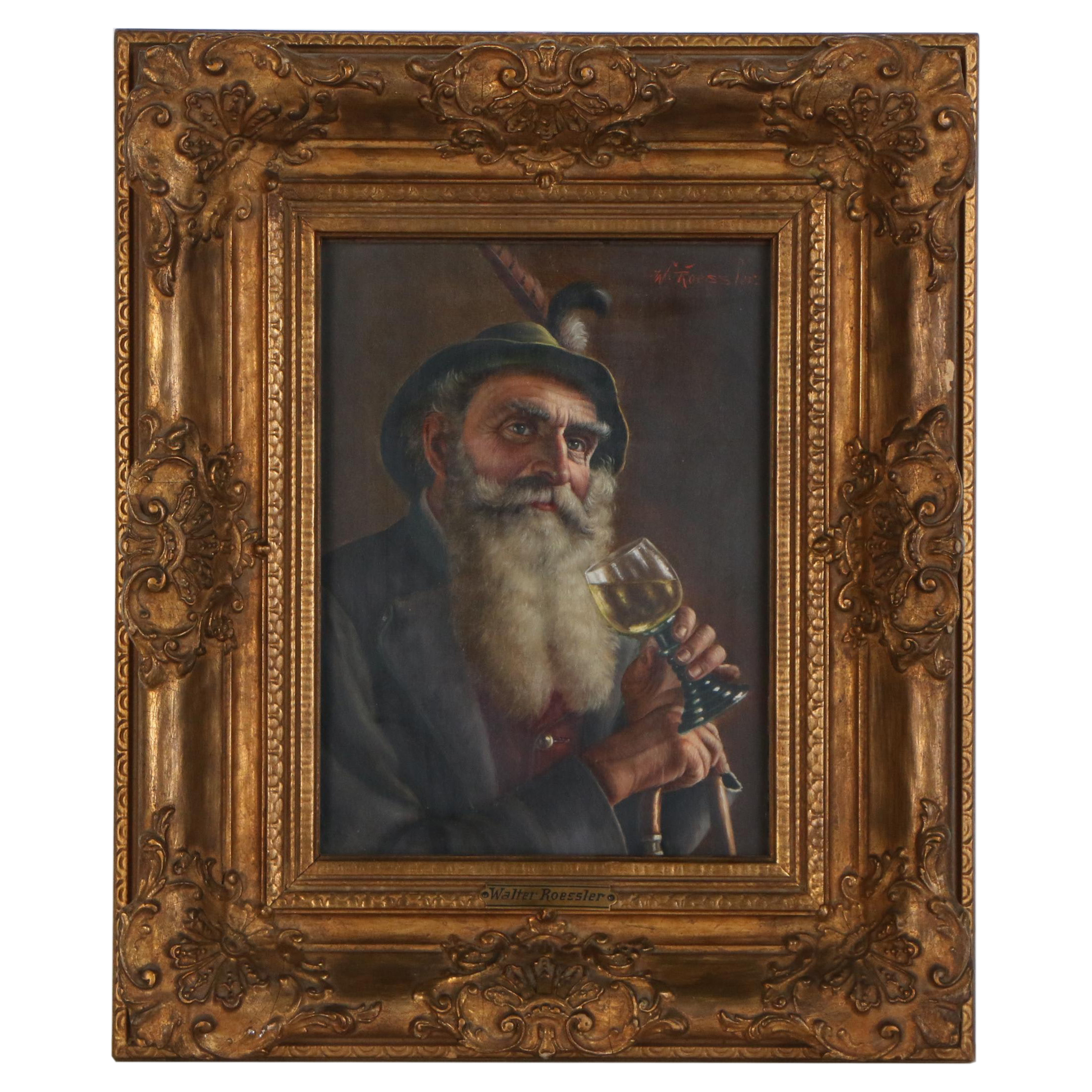 Walter Roessler Oil Portrait Painting of Imbibing German Gentleman