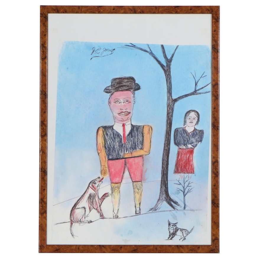 S.L. Jones Mixed Media Folk Drawing of Couple with Dog and Cat