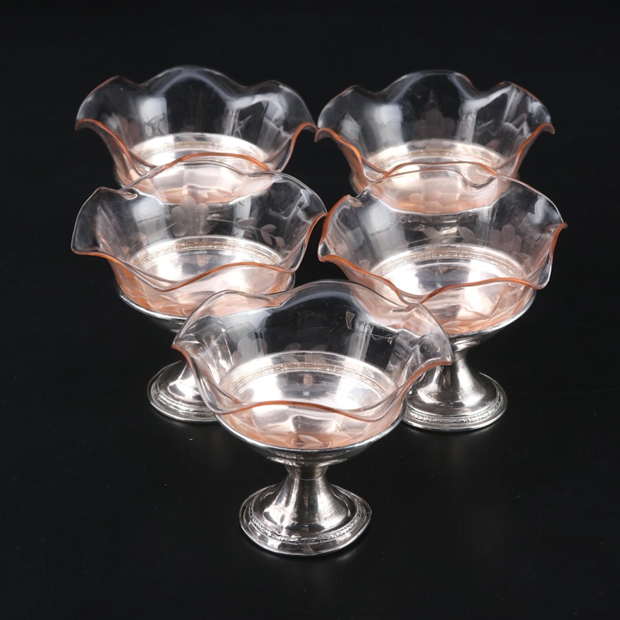 Sterling Silver Dessert Cups with Pink Ruffled Etched Glass Inserts