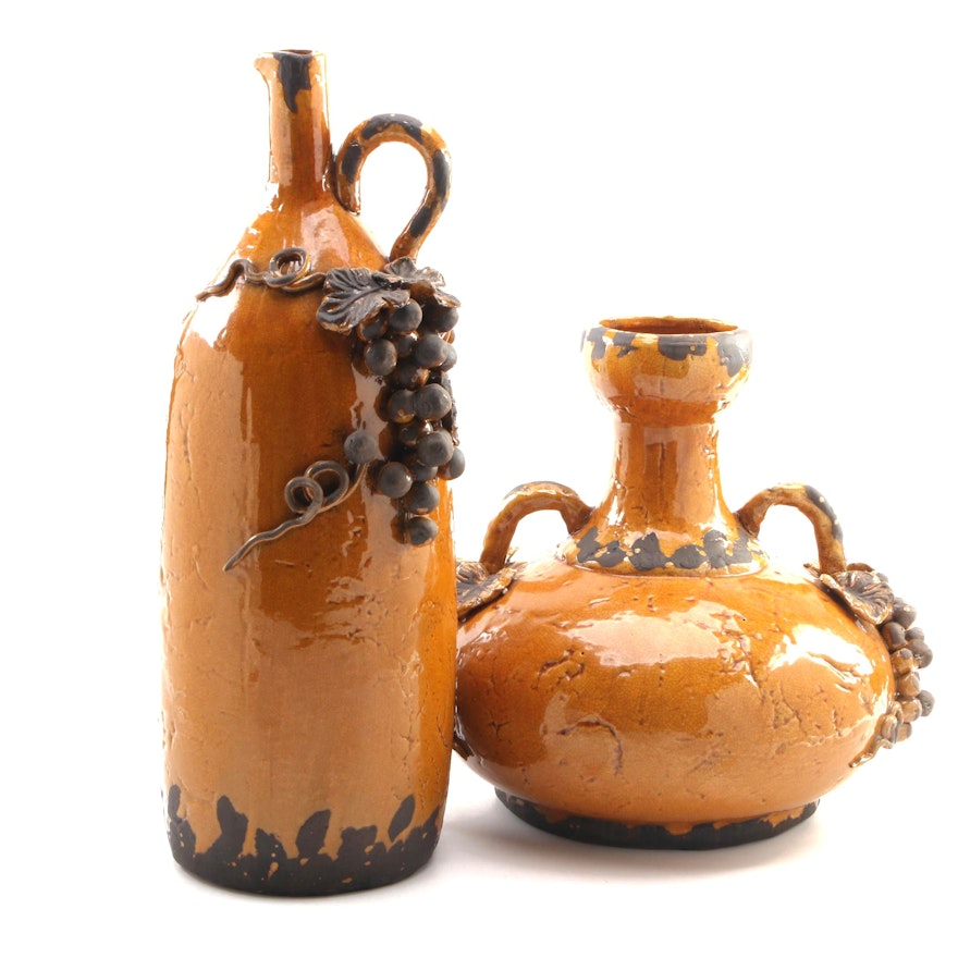 Rustic Grape and Leaf Motif Large Ceramic Pitcher and Vase, 21st Century