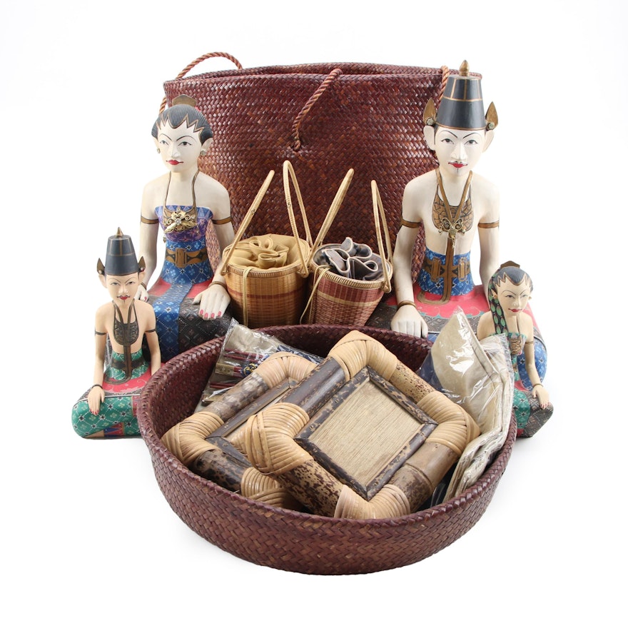 Indonesian Bride and Groom Figurines, Purses and Lidded Basket, Frames and More