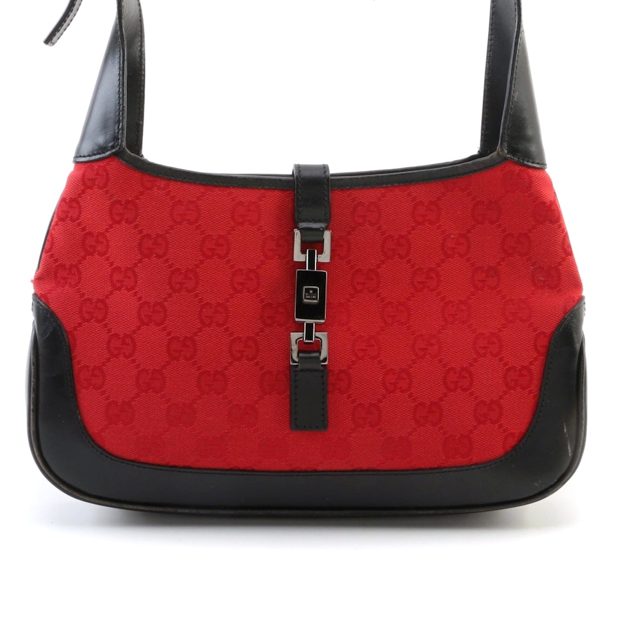 Gucci Red Guccissima Canvas and Black Leather Trimmed Jackie Shoulder Bag