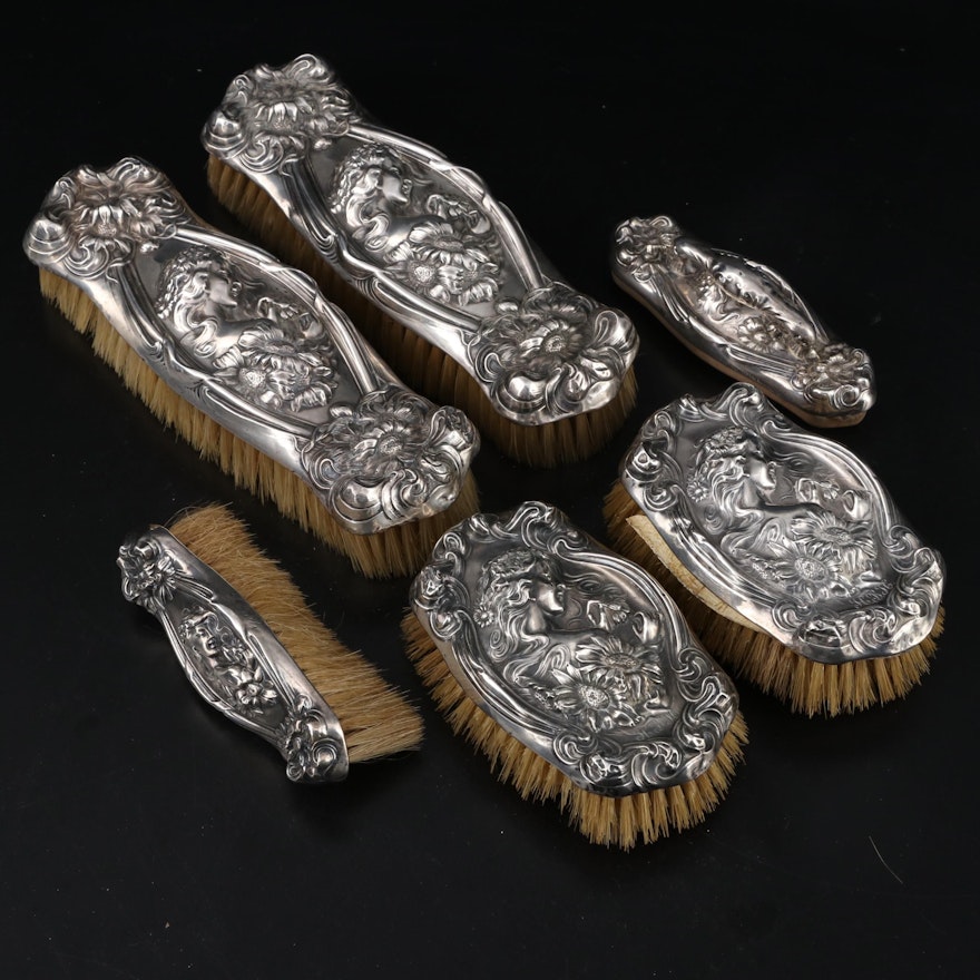 Unger Brothers Art Nouveau Sterling Silver Vanity Set, Early 20th Century