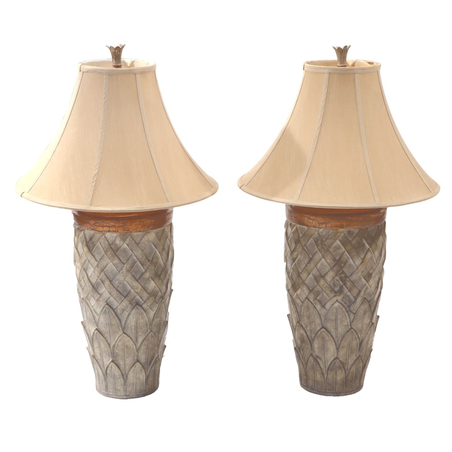 Pair of Artichoke and Trellis Patterned Composite Table Lamps