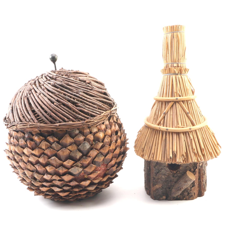 Decorative Pinecone Accent Basket with Bamboo and Wood Bird House