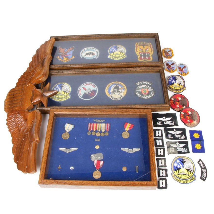Military Aviation Wood Plaque with Patches, Medals, Pins and More