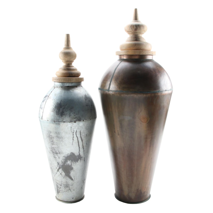 Metal Urns with Hand Carved Wooden Lids, Contemporary