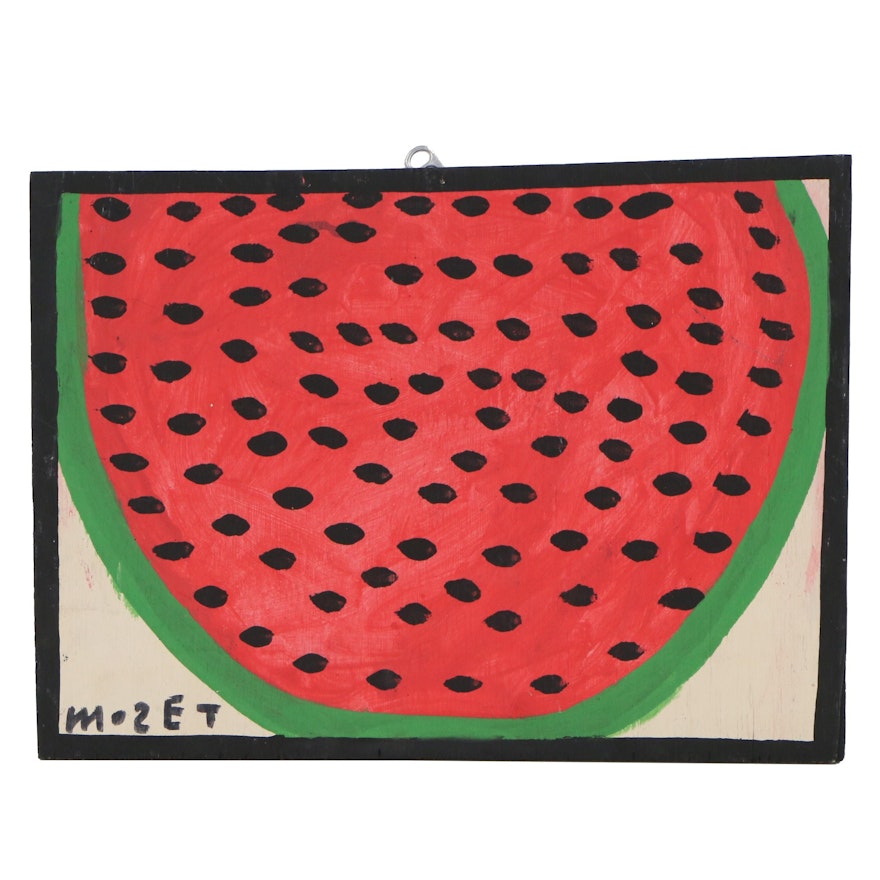 Mose Tolliver Folk Art Acrylic Painting of a Watermelon