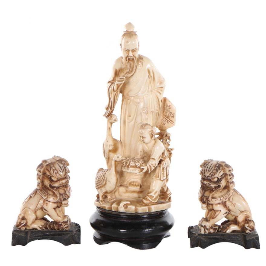 Chinese Resin Cast Guardian Lions and Other Figurines, Late 20th Century