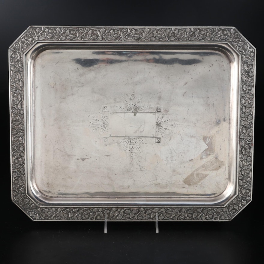 Etched Silver Plate Serving Tray with Floral Motif Trim