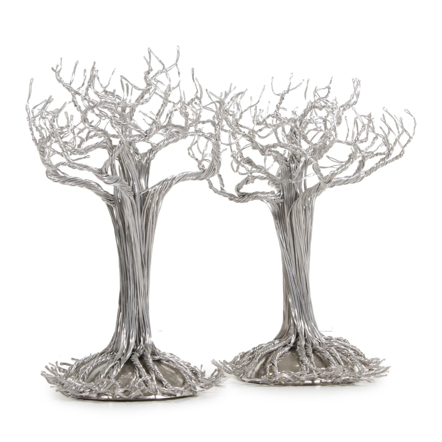 Pair of Devin Mack Floor Standing Aluminum Wire Tree Sculptural Figures