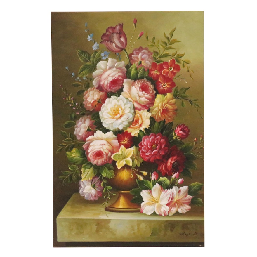 Still Life with Carnations and Roses Oil Painting, 21st Century