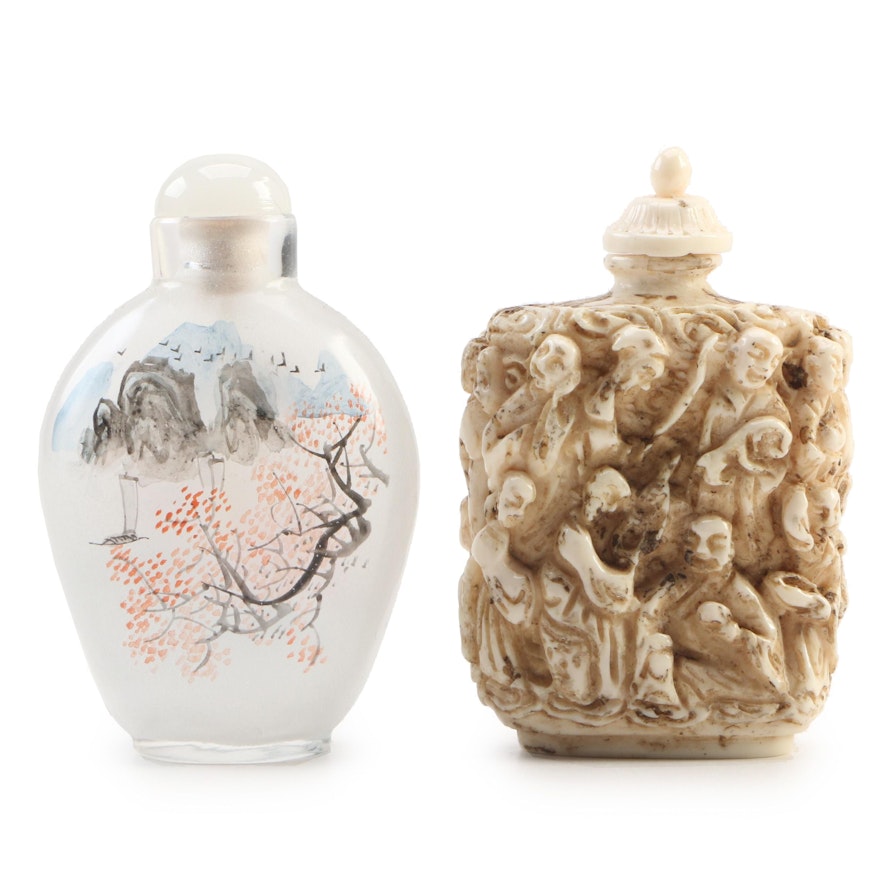 Chinese Carved Resin and Reverse Painted Glass Snuff Bottles
