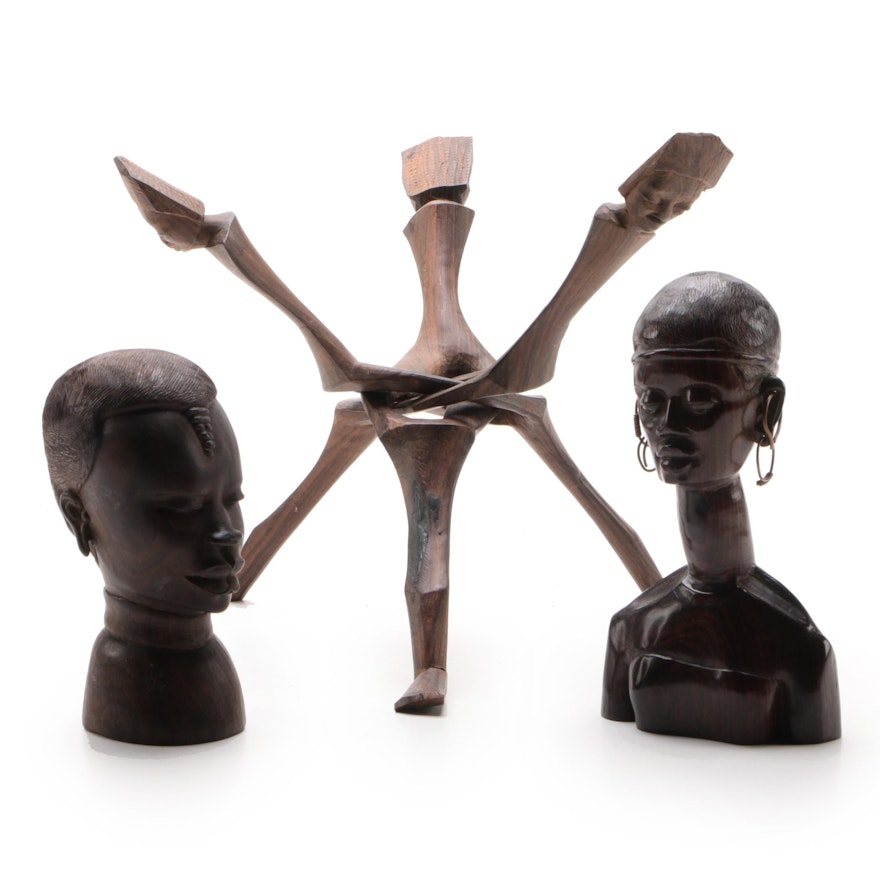 East African Carved Wood Busts and Tripod Collapsible Stand