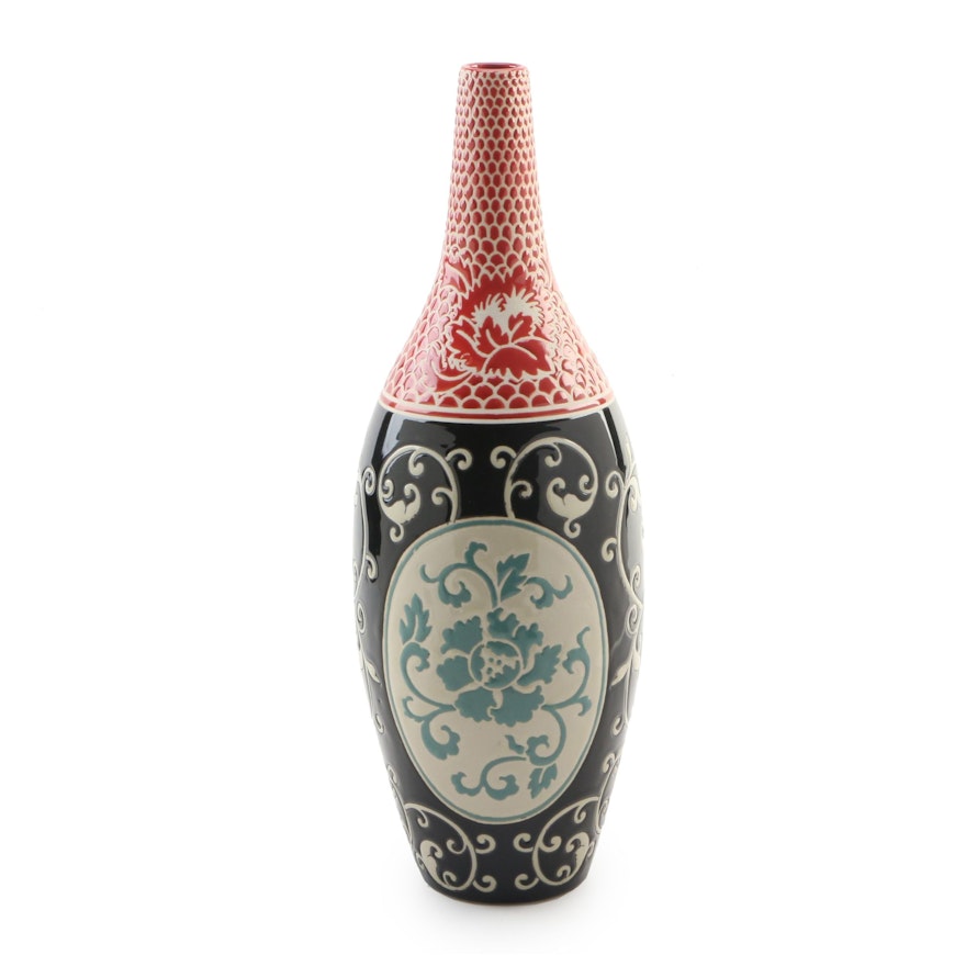 Ceramic Tall Vase with Leaf and Floral Design Motif, Contemporary