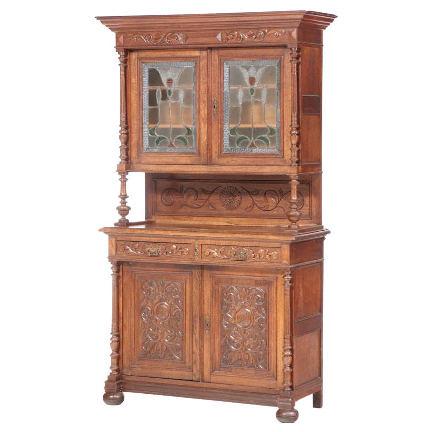 Belgian Carved Oak and Stained Glass Buffet à Deux Corps, circa 1900