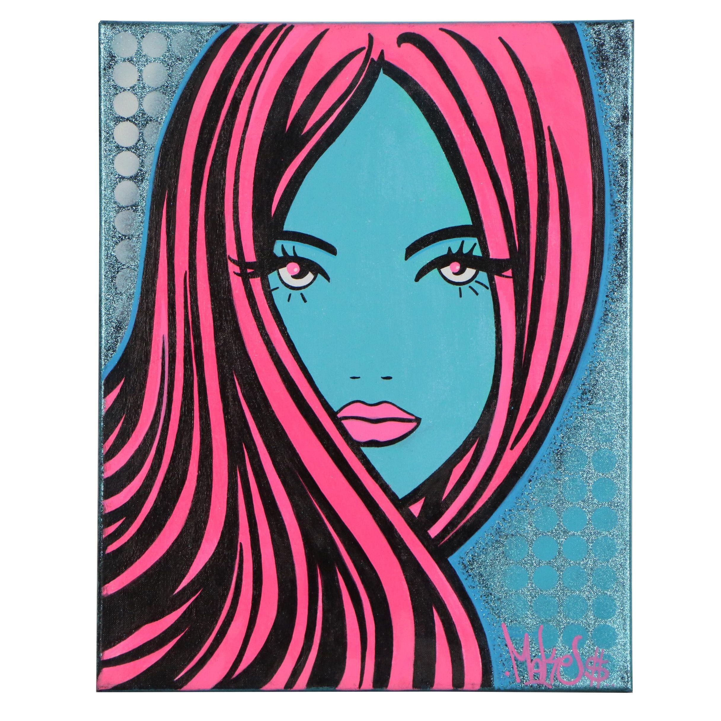 Pop Art Style Acrylic Painting of a Woman, 21st Century