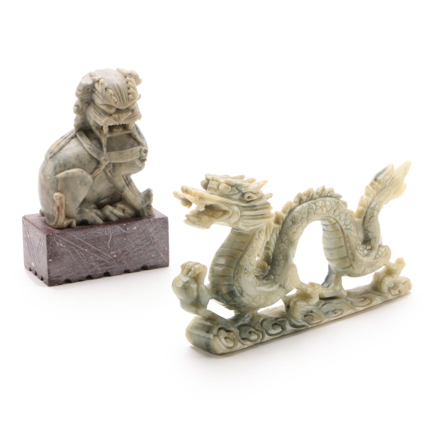 Carved Soapstone Shíshī Guardian Lion and Serpentine Dragon Figurines