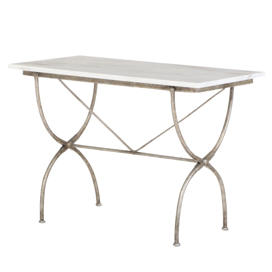 French Style Patinated Metal and Marble Top Bistro Table
