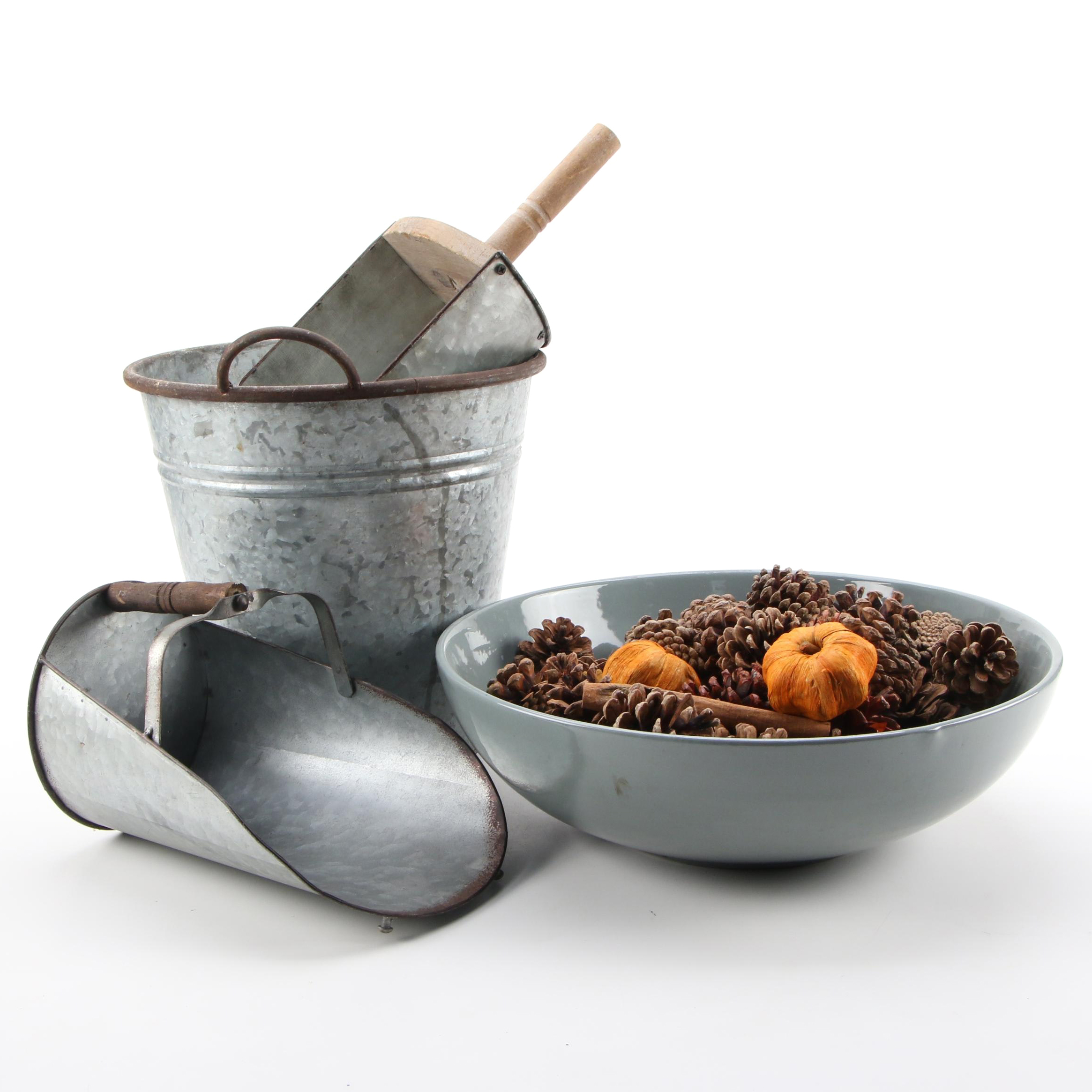 Galvanized Metal Bucket, Hall Bowl with Pinecones and More