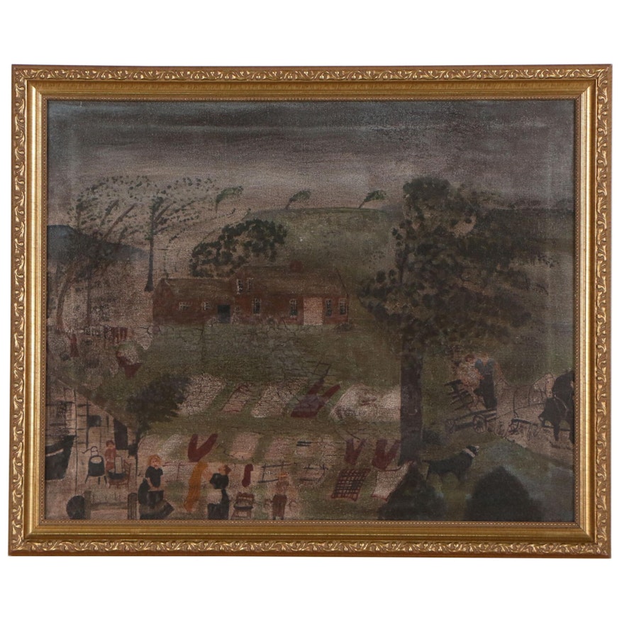 Folk Style Oil Painting of Country Scene