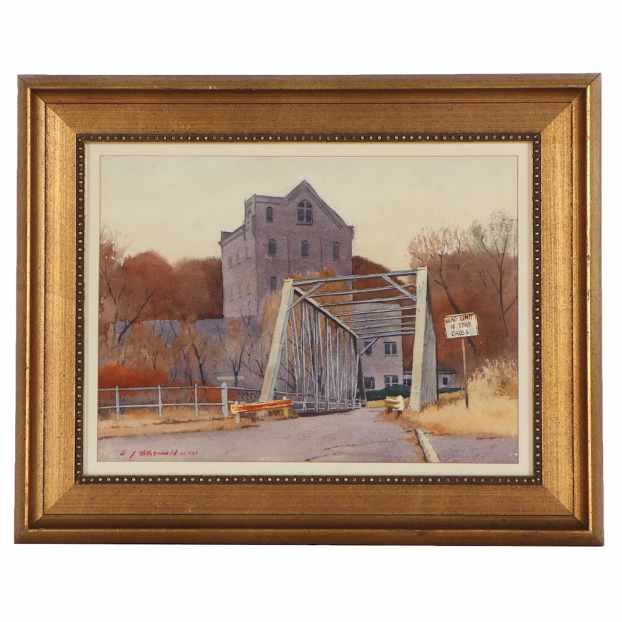 Edmond James Fitzgerald Watercolor Painting of Bridge and Building