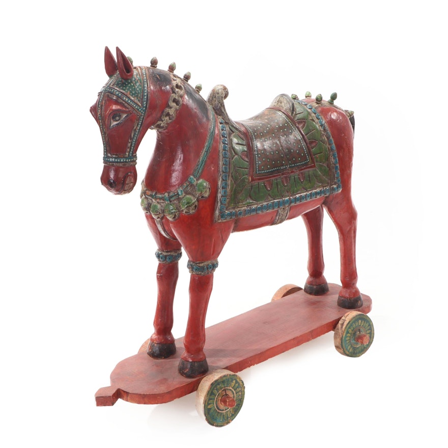 Asian Style Polychrome Wooden Horse on Wheels