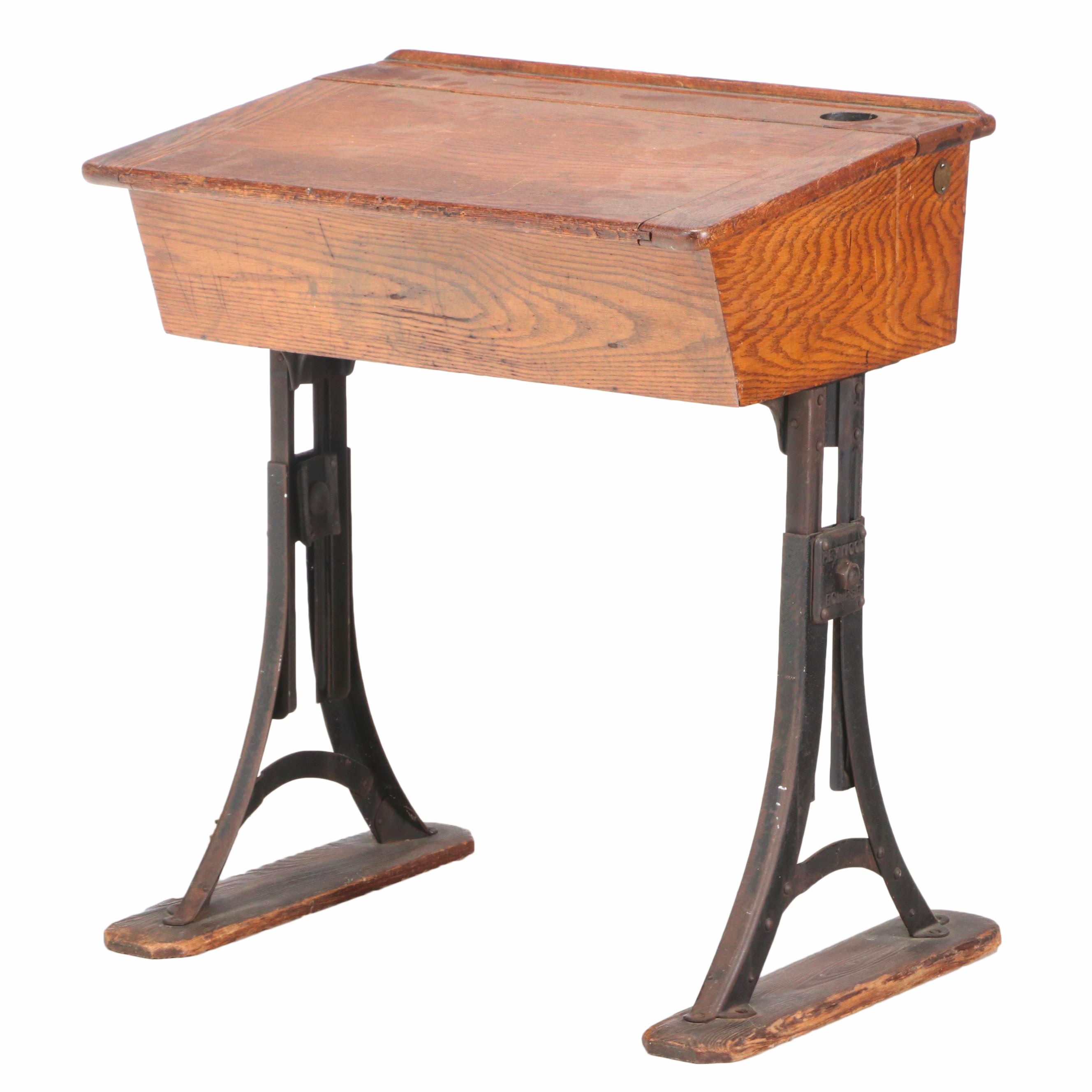 Heywood "Eclipse" Oak & Iron Lift-Lid School Desk, Late 19th/Early 20th Century