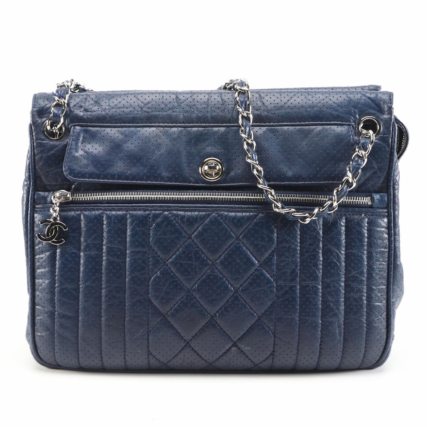 Chanel Navy Perforated Calfskin Expandable Tote with Classic Chain Leather Strap