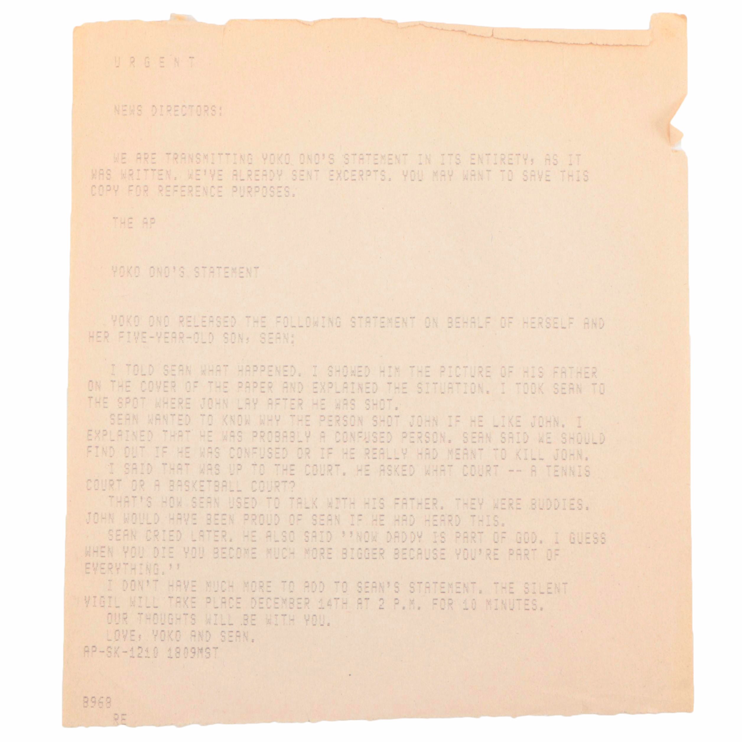 Yoko Ono Teletype to the Associated Press on John Lennon's Death