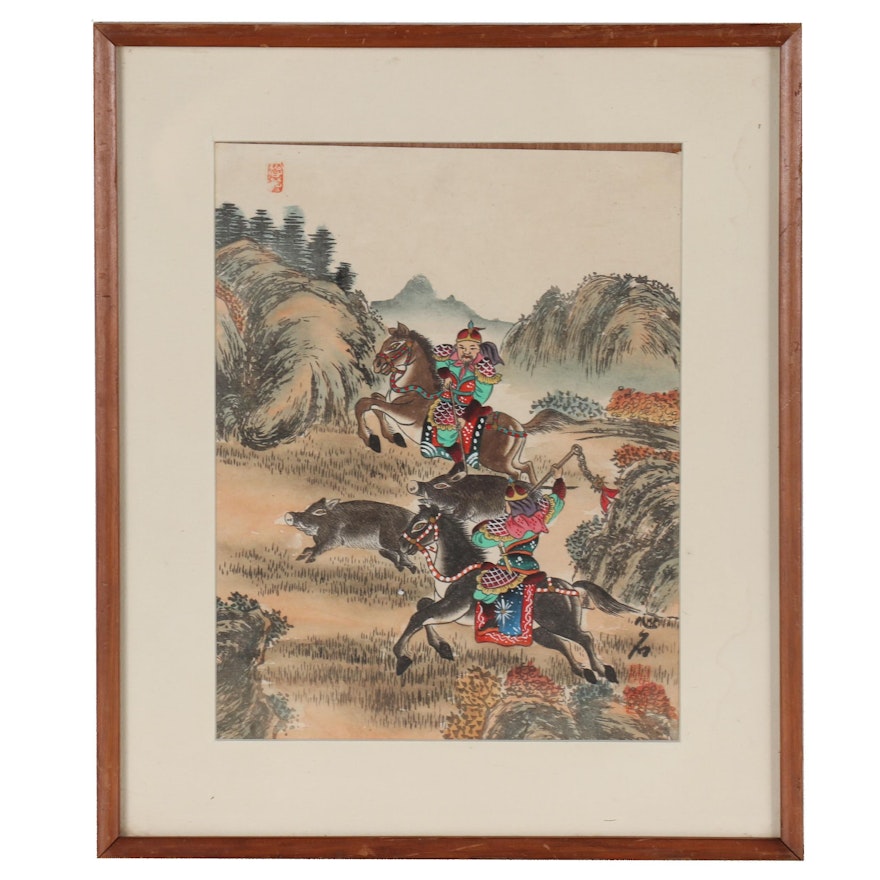 East Asian Style Hand-Colored Woodblock of Boar Hunt, Early 20th Century